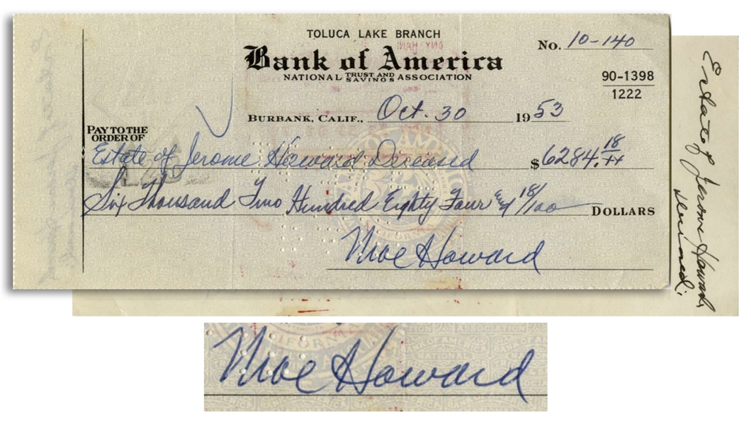 Moe Howard Signed Check to the Curly Howard Estate -- Filled Out by Moe, ''Estate of Jerome Howard Deceased'', Dated 30 October 1953 -- Very Good Plus Condition